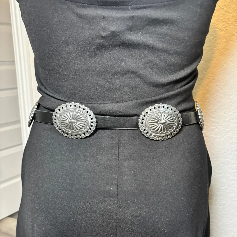 Womens Concho Belt Lrg Black Faux Leather Silver Tone Western Festival Boho Edgy